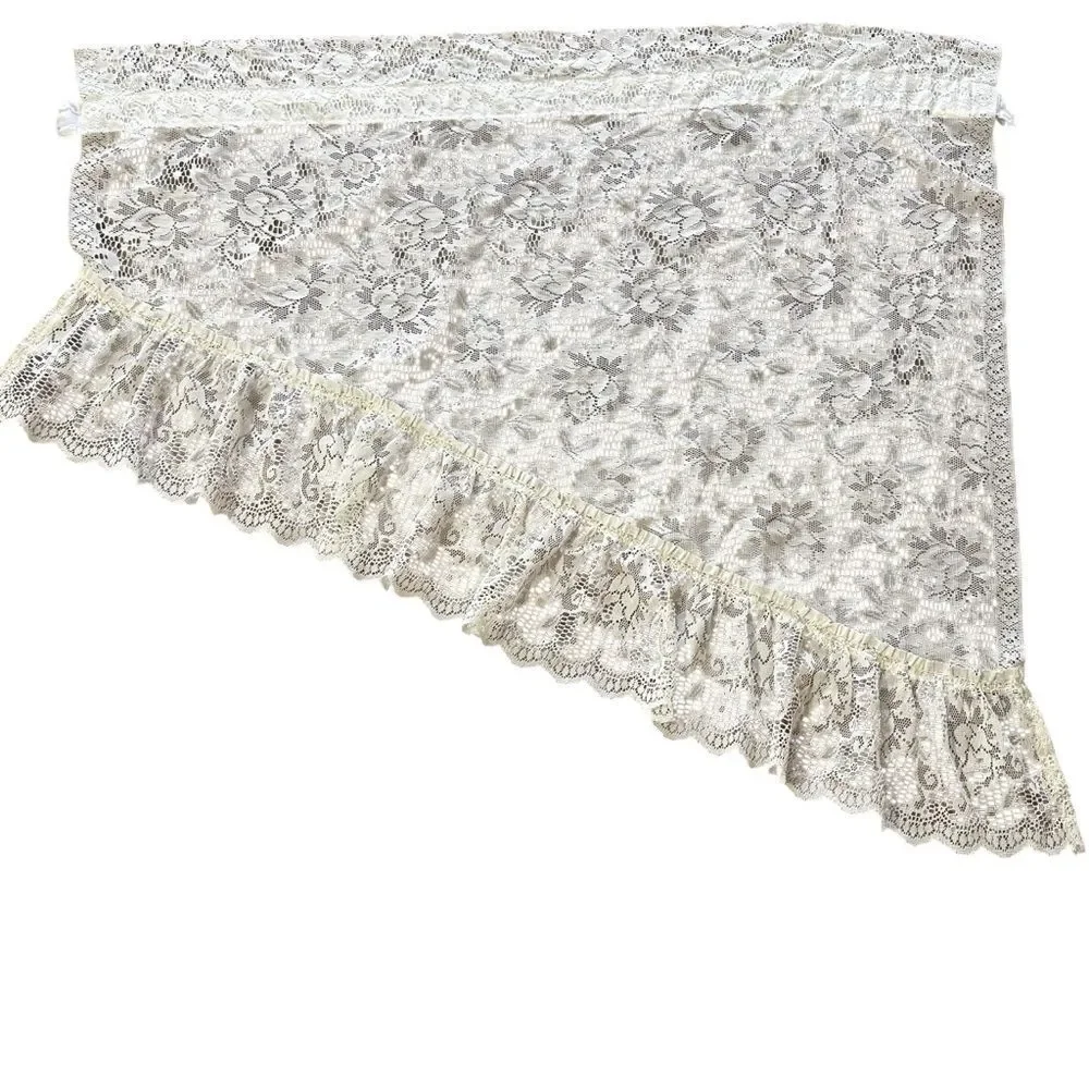 Vintage 4 Panels Burlington Floral Lace Triangle Valances Ruffle Trim Off White